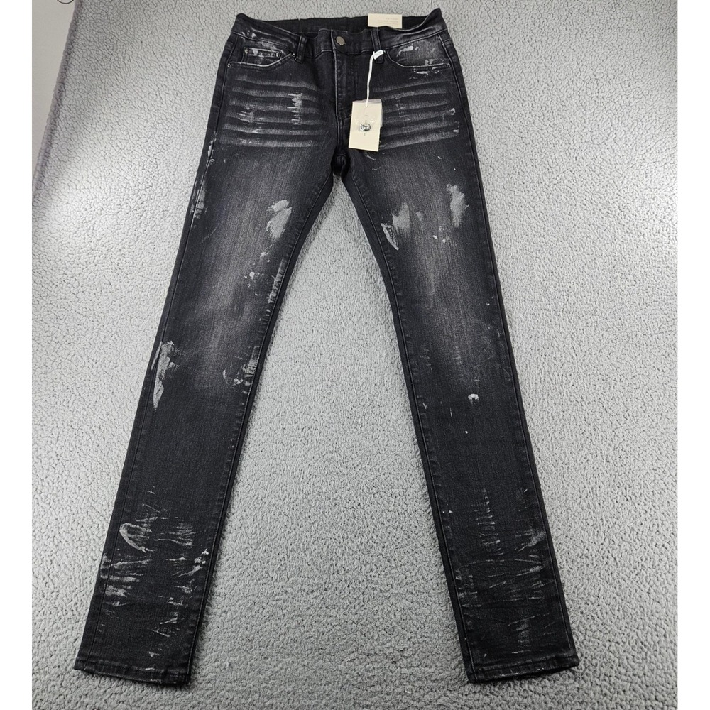 Mnml Jeans Mens 32 Black X143 Stretch Paint Splatter Streetwear Slim Straight